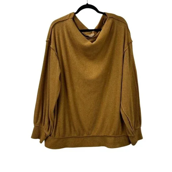 We The Free Women's Size Medium Rayon Blend Ribbed Mustard Cowl Neck Sweater - Picture 9 of 12